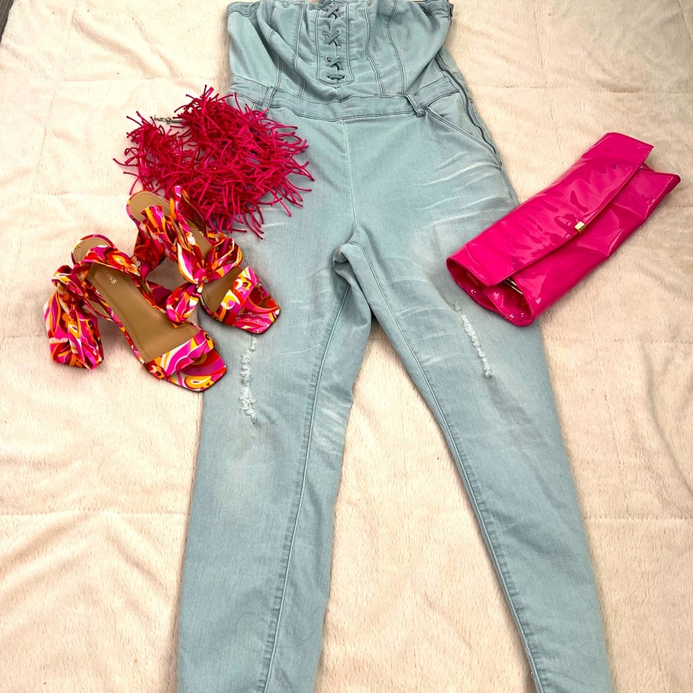 Boho inspired, strapless romper. Casual cute. Distressed look.(NWOT)
